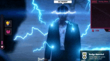 a man in a suit is standing in front of a screen that says gg buddy on it