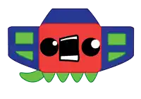 a cartoon drawing of a monster with green teeth and a red face