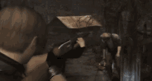 a man is holding a shotgun in a video game and shooting a zombie .