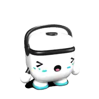 a white container with a black handle has a face on it