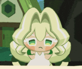 a cartoon drawing of a girl with green hair and a sad look on her face