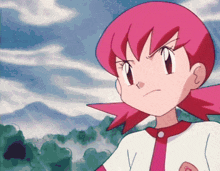 a cartoon girl with pink hair and a white shirt has the letter o on her shirt