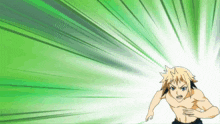 a shirtless anime character with a green background