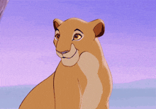 a cartoon of a lioness with a purple background