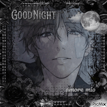 a black and white picture of a man with the words good night amore mio