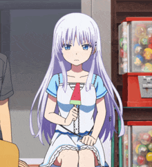 a girl with white hair is holding a watermelon slice in her hand