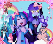 a collage of anime characters with a rainbow in the background