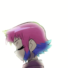 a drawing of a girl with pink and blue hair and a purple shirt .