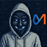 a pixel art of a man in a hoodie with the letter o on the bottom