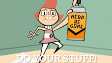 a cartoon character is holding a spray can that says head be gone