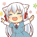 a cartoon girl with white hair and cat ears is holding her arms outstretched .