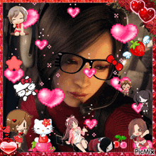 a picture of a girl with glasses and hello kitty surrounded by hearts