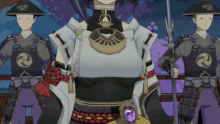 a group of samurai are standing in a line and one of them has a purple item around his neck