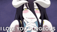 a girl with horns on her head is smiling and says `` i love you gorgeous '' .