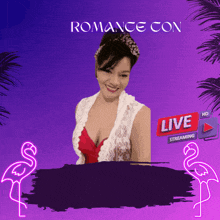 a poster for romance con with a woman in a red dress and flamingos