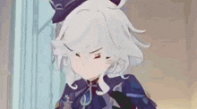 a close up of a cartoon character with white hair wearing a hat and a cape .