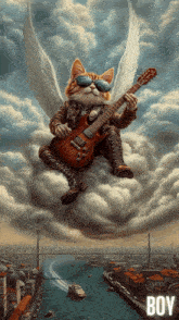 a cat with wings is playing a guitar while flying through the air