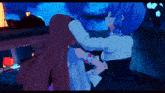 a blue haired anime girl holds a brown haired anime girl in her arms