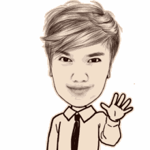 a black and white drawing of a man in a suit and tie waving .