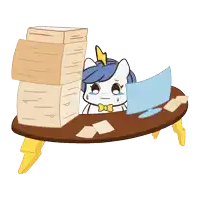 a cartoon of a pony sitting at a desk with a computer and a stack of papers