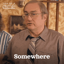 a man wearing glasses and a tie with the word somewhere below him
