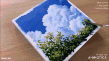 a painting of a blue sky with clouds and trees is made by wow art