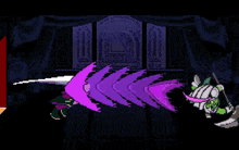 a pixel art of a person holding a sword in a room with a purple background .