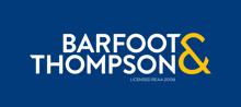 the logo for barfoot & thompson is blue and white