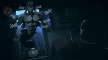 a cartoon character with many arms is looking out of a doorway