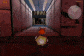 a cartoon character is walking through a dark hallway in a video game