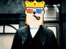 a pixel art of a man wearing 3d glasses and a crown smoking a pipe