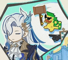 a cartoon character is holding a hammer next to a pixelated duck with sunglasses .