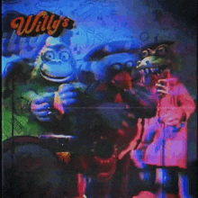 a poster for willy 's shows a gorilla holding a hamburger