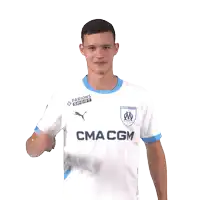 a man wearing a white shirt with cma cgm on the front