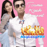 a man wearing sunglasses is standing next to a woman and says terima kasih support