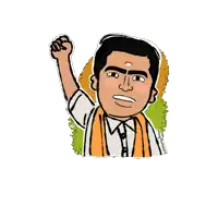 a cartoon drawing of a man with his fist in the air and a sticker that says ' a ' on it