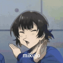 a girl in a blue shirt is making a funny face and the word mikujo is above her head