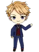 a cartoon of a man in a suit holding flowers