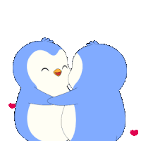 two penguins kissing with a red heart in the air