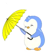 a penguin is holding a yellow umbrella in its hand