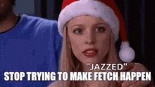 a woman wearing a santa hat is holding a man 's hand and says `` jazzed '' .