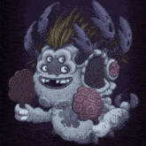 a cartoon monster with purple horns is holding a candy bar