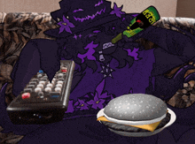 a cartoon of a man sitting on a couch with a remote and a bottle of iced tea
