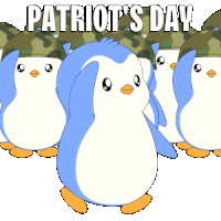 a group of penguins wearing camouflage helmets with the words patriot 's day written above them