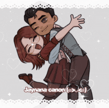 a drawing of a man carrying a woman with the name jaynama canon written on the bottom