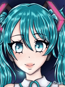 a close up of a drawing of a girl with blue hair