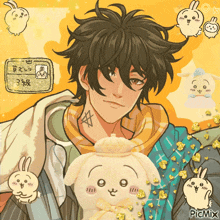 a drawing of a man with a rabbit and the word picmix on the bottom right