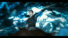 a man is riding a horse with his arms outstretched