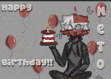 a drawing of a person holding a birthday cake and the words happy birthday
