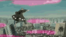 a man is flying through the air with a sword in his hand while a pink light is coming out of the sky .